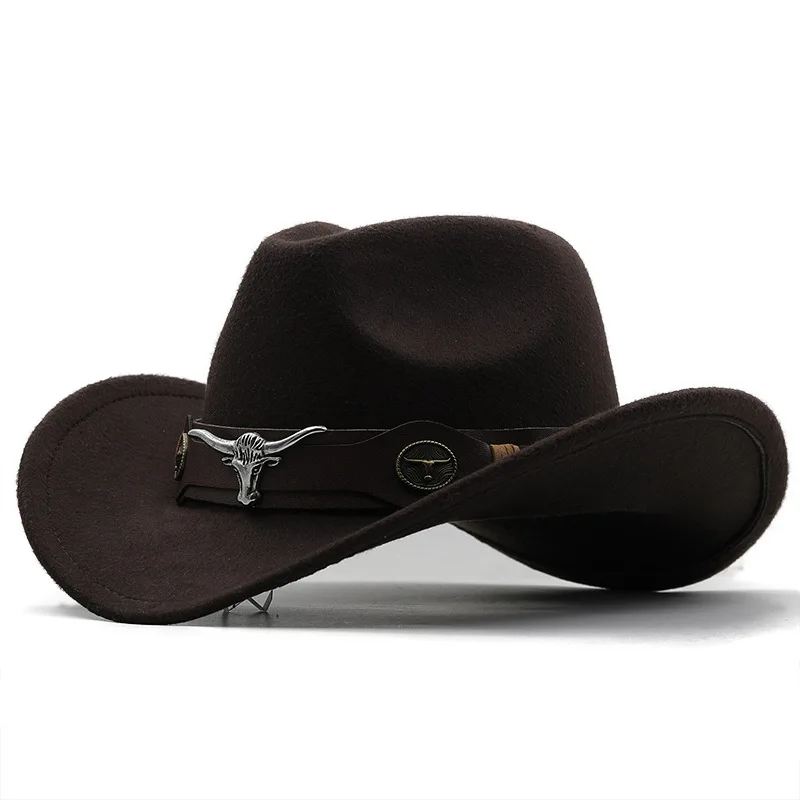 Heißer Verkauf Ethnischen Stil Kuh Logo Western Cowboy Zylinder Mit Gerollter Krempe Retro Reiten Hut Wollfilz Hut – Detail 9