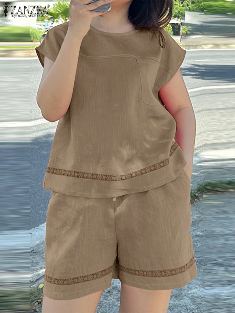 

ZANZEA Summer Short Sets 2025 Fashion Women Short Sleeve Tops and Elastic Waist Shorts Casual Solid Color Loose Suits Sets 2PCS