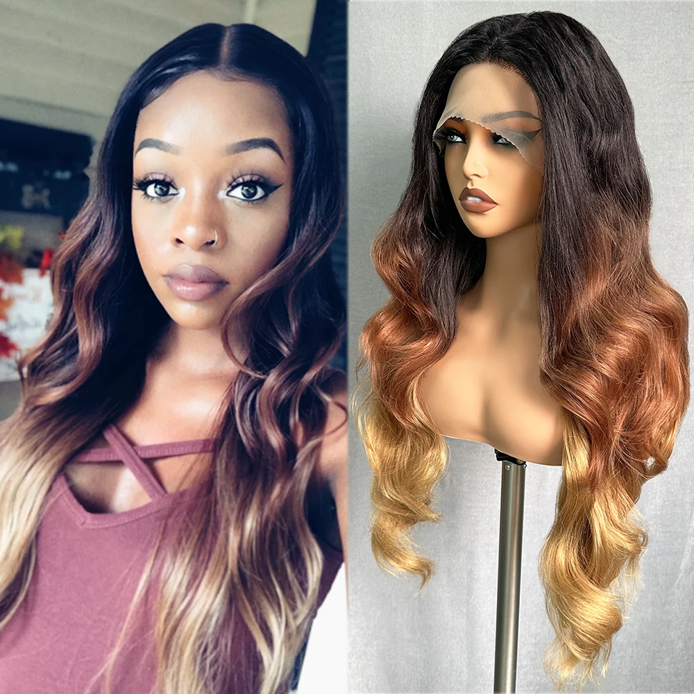 

X-TRESS Ombre Brown Blonde Color Synthetic Lace Front Wig 28" Long Wavy Hair Swiss Lace Middle Part Wig for Black Women Daliy