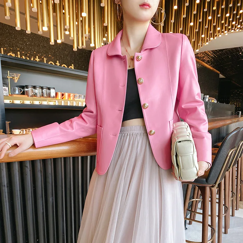 Chic Pink Genuine Sheepskin Jacket for Women Fashion Short Single-breasted Female Lapel Collar Full Sleeve Leather Jackets Coats