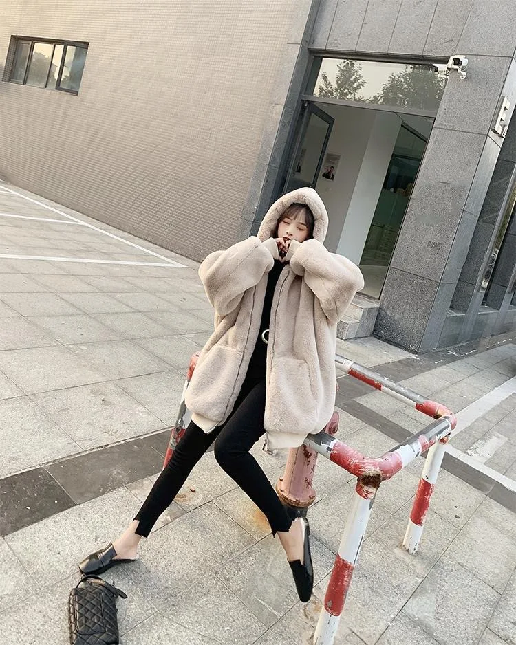 Women Faux Rabbit Fur Coats Solid Fur Jackets Pokcet Zipper Hooded Cotton Linen Long Sleeves Loose Fit Casual 2026 Autumn Winter