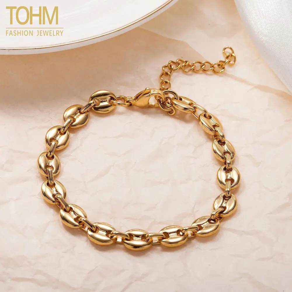 

TOHM Waterproof Fashion Stainless Steel Thick Chunky Bracelet Gold Plated Adjustable Chain Punk Men/Woman Party Gift