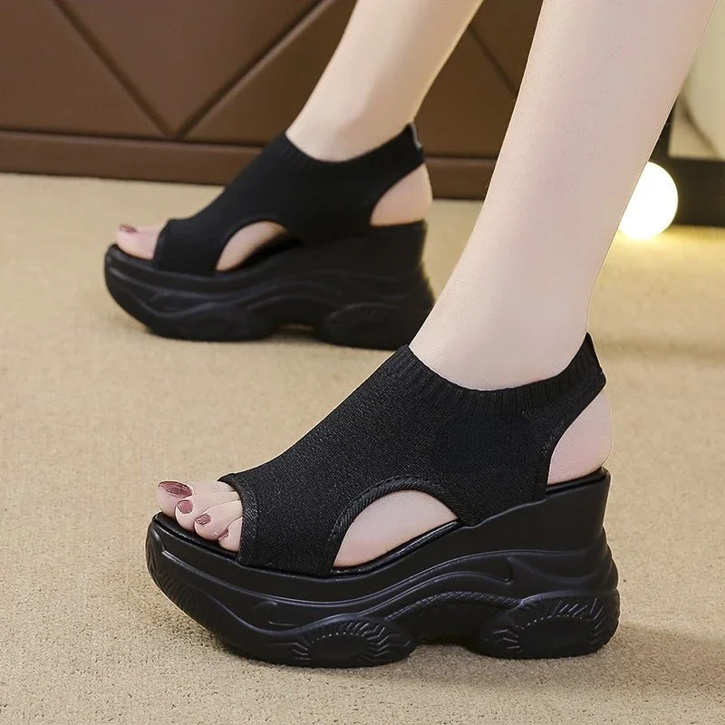 Women\'s Sandals 2023 Summer Wedge Heel Elastic Cloth Cover Foot Ladies Sandals Thick-soled Fashion Trifle Elevation Casual Shoes