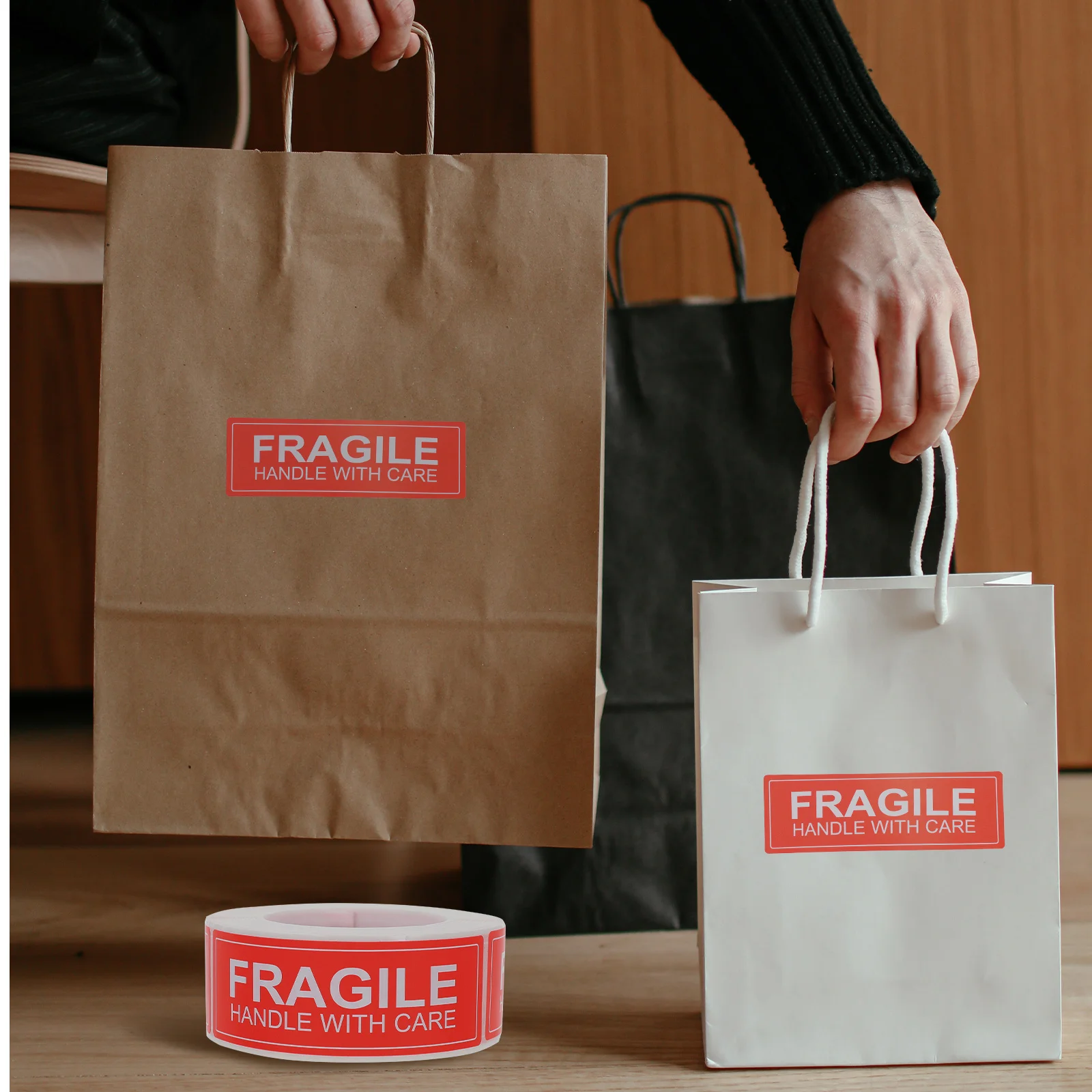 2 Rolls Fragile Warning Stickers Handle With Care Shipping Label Packing Caution Adhesive Sticker Boxes Bags Glass Plastic Metal