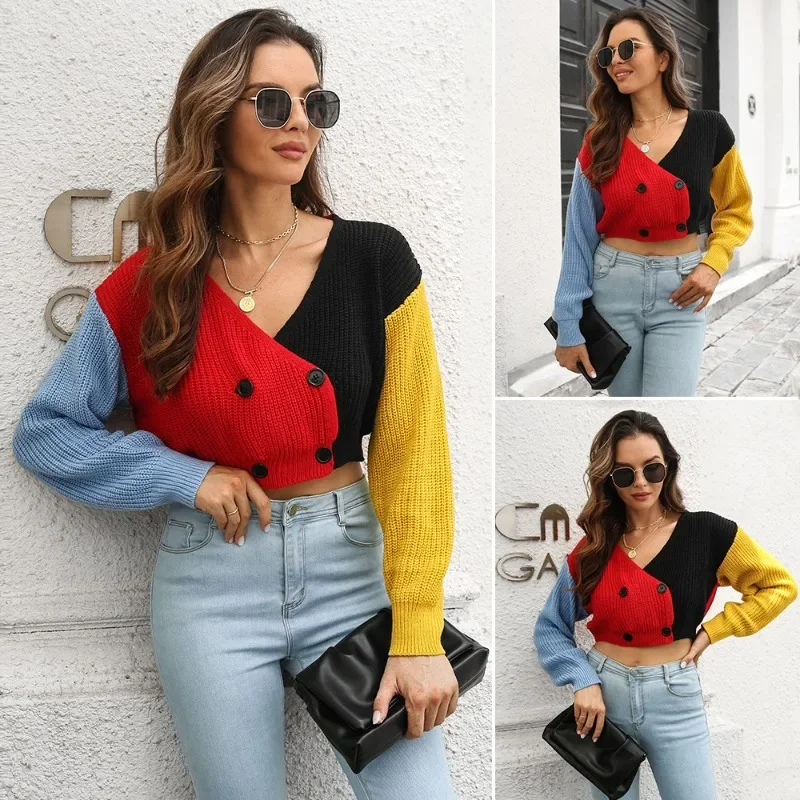 

Winter Knitted Sweater Thick Coats Autumn Crop Top Sweaters Jumper Women Double Button Patchwork Contrast Color Cardigan 2023