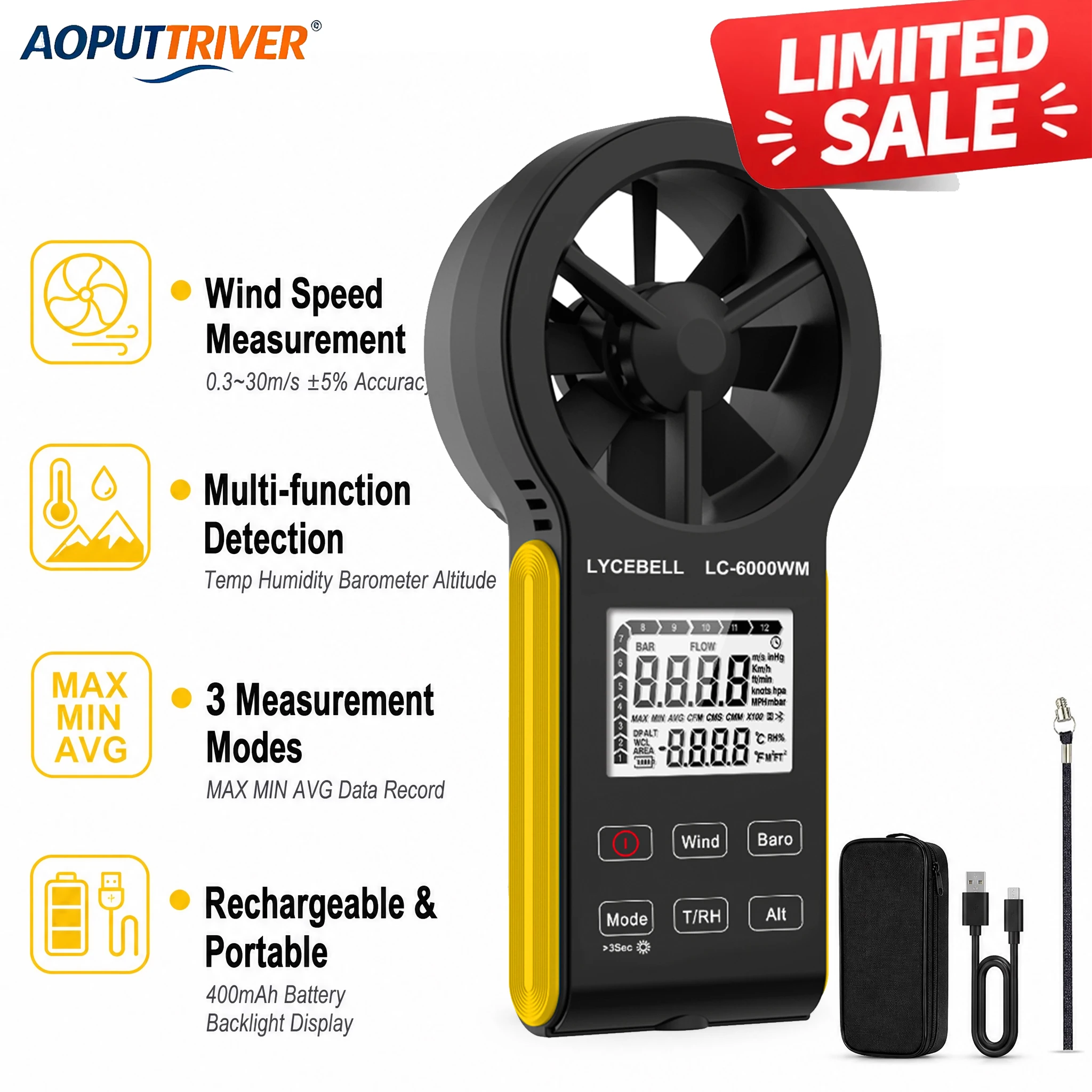 Digital Anemometer Handheld Wind Speed Meter Gauge for HVAC Sailing Drone, Measure Wind Pressure Altitude Temperature Humidity