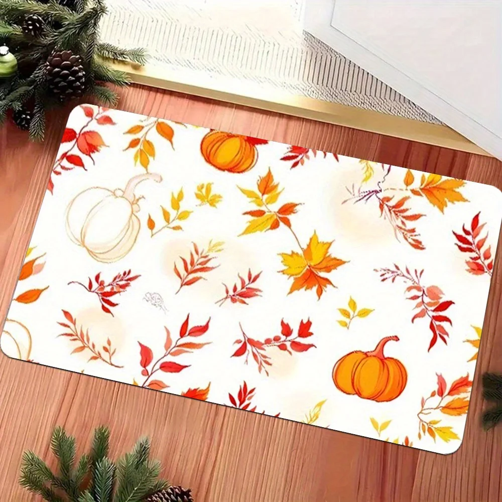 1pc Autumn maple leaf and pumpkin patterned doormat, machine washable polyester, suitable for bedroom and living room decoration