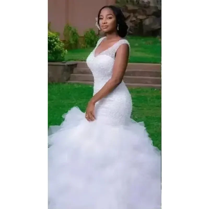 Customized Nigeria African Mermaid Wedding Dresses Major Beading Cap Sleeves V Neck Bridal Gown Tiered Ruffles Skirt Vestidos De