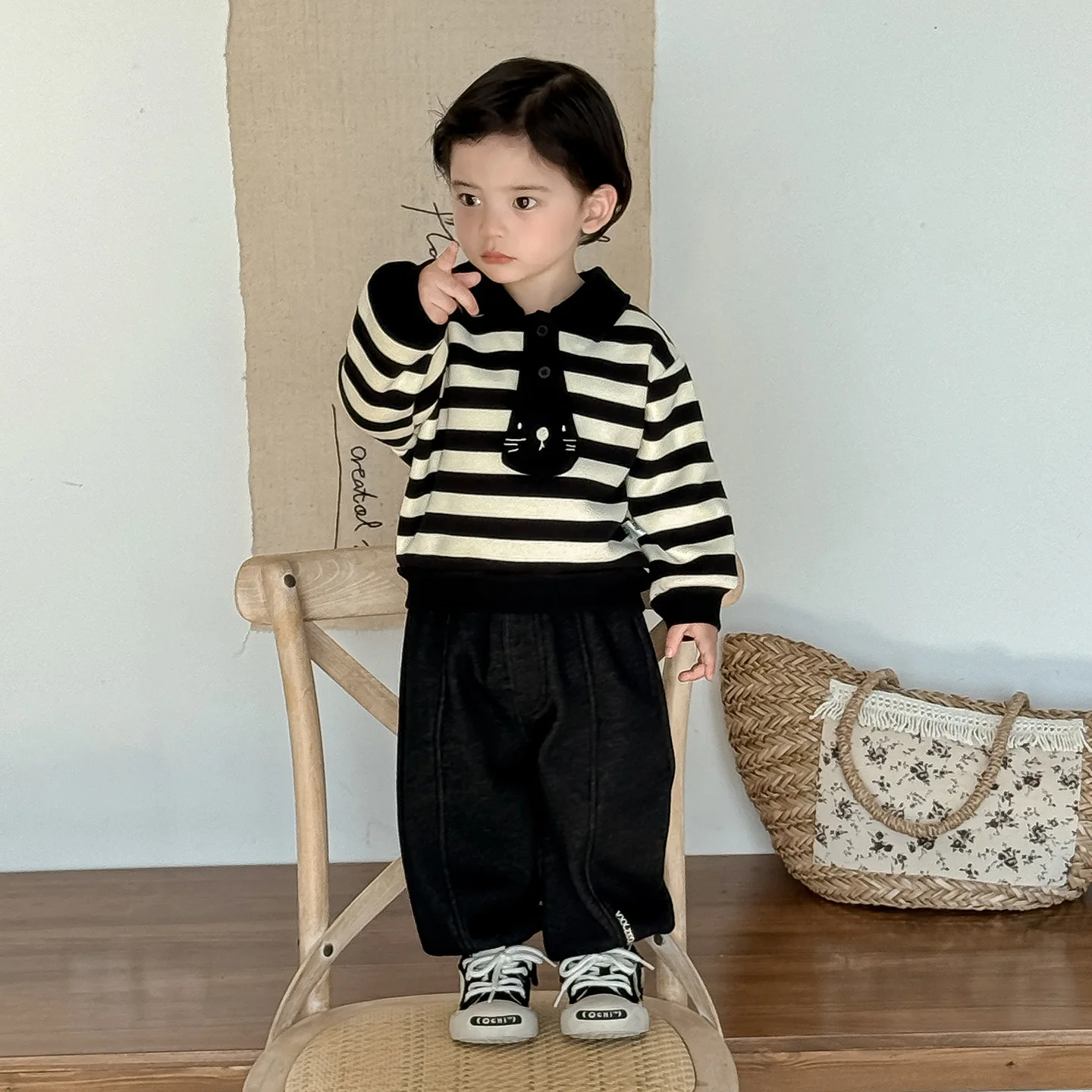 

Infant Baby Girls 2PCS Set 2025 Winter Toddler Girl Stripes Thick Polo Sweatshirt Solid Color Elastic Waist Casual Kid Girl Pant