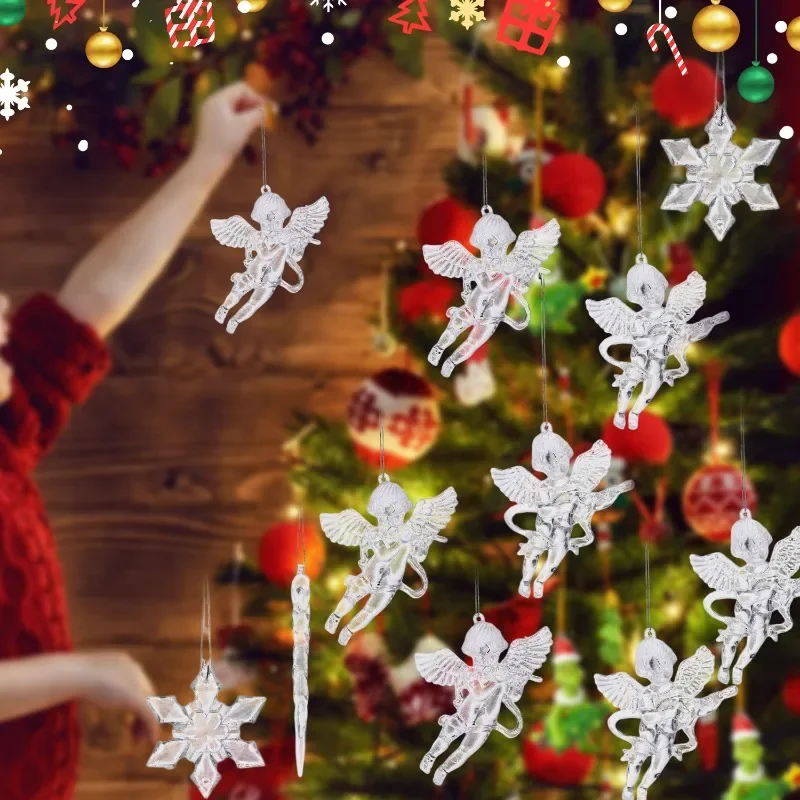 كريستال واضح الاكريليك الملاك الحلي الملاك الشفاف مع أجنحة تعليق شجرة الكريسماس المعلقات DIY بها بنفسك ديكور المنزل الطرف العرض