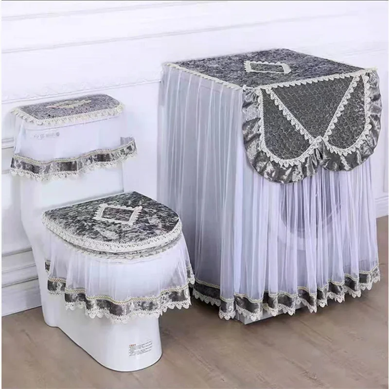 Lace Embroidered Toilet Three Piece Washing Machine Cover Home Decoration Velvet Toilet Cover Detachable Washing Machine Cover