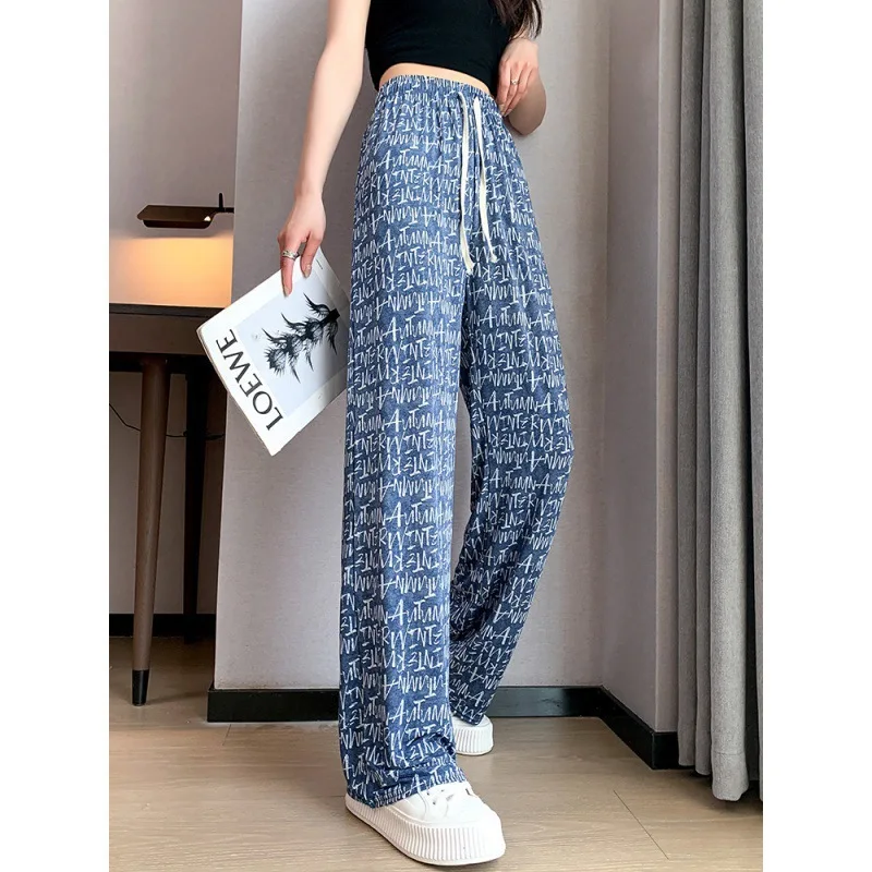 1 قطعة الربيع الصيف المرأة الحرير الجليد كاوبوي بنطال ذو قصة أرجل واسعة الفتيات الطباعة سراويل تقليدية الإناث فضفاضة عمودي مستقيم الساق بنطلون