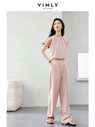 VIMLY-Ensemble 2 pièces élégant et décontracté pour femme, haut à col rond et pantalon large à taille élastique, été