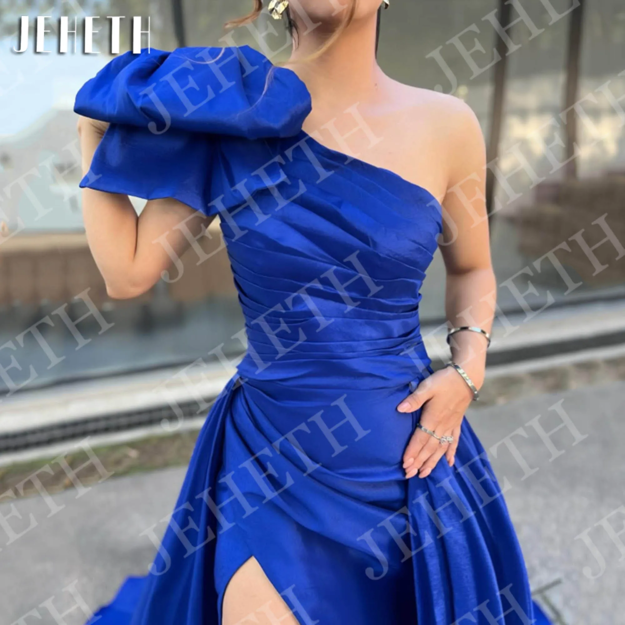 JEHETH Abito da ballo a sirena con una spalla con spacco Abiti da sera formali lunghi in raso sexy personalizzati Abiti da sera blu royal Una spalla sirena abito da ballo con fessura lungo sexy raso abiti da sera forma