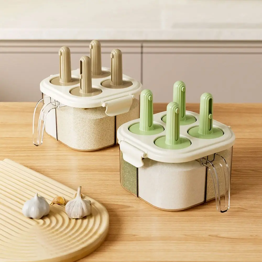 

4 Compartment 4-in-1 Spice Dispenser With Spoon Dustproof Plastic Seasoning Jar Comfortable Handle Good Sealing