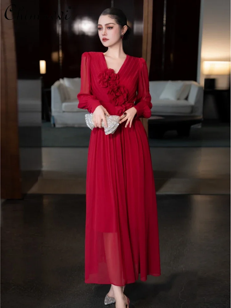 High-end Purple Dress Women's New 2024 Autumn Clothes Fashion Long Sleeve V-Neck High Waist Slim-fit Temperament Dresses