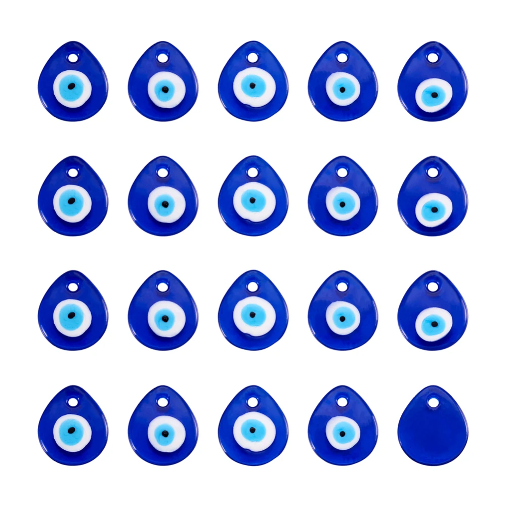 Pandahall 10Pcs Flat Teardrop Evil Eye Lampwork Pendants Blue Eye Lampwork Glass Dangle Charms for DIY Earrings Necklace Jewelry