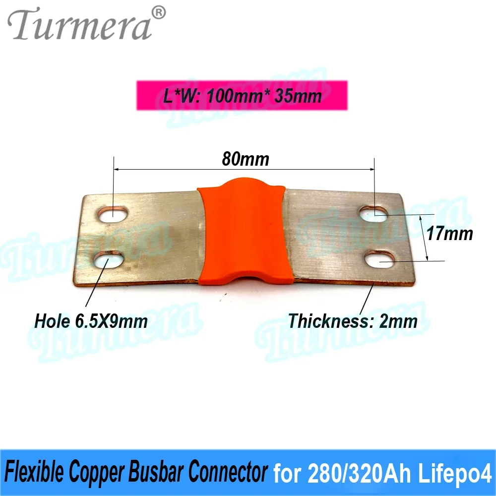 Turmera 12V 24V 48V Lifepo4 Battery Flexible Busbar Copper Connecter Hole to Hole 80mm 2mm 400A for 280Ah 320Ah Lifepo4 Battery