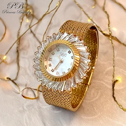 Princess Butterfly Luxury Gold Plated Stainless Steel Women Quartz Watch Zirconia Mother of Pearl Dial Jewelry Wristwatch