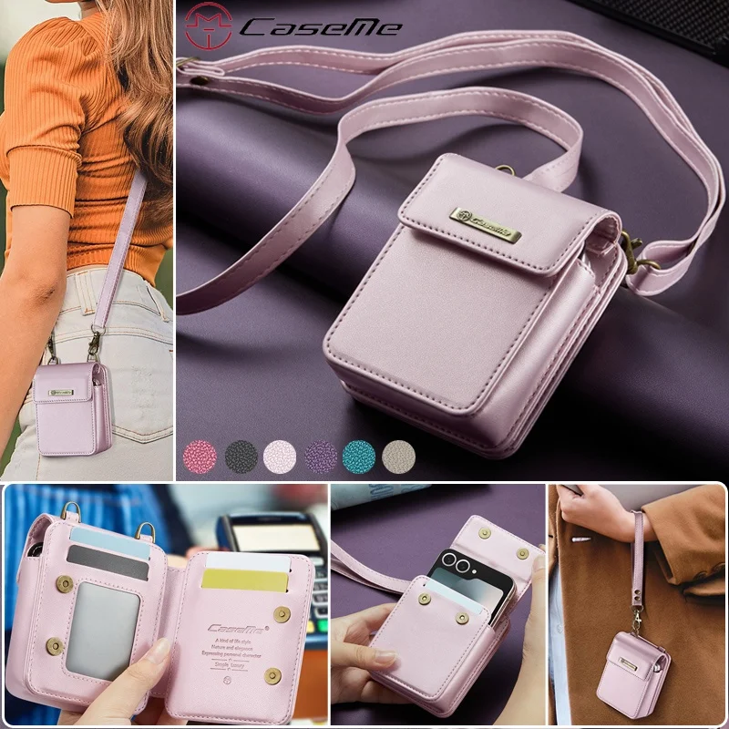 Crossbody Leather Wallet Phone Case For Samsung Galaxy Z Flip 8 7 6 5 4 3 Flip8 Flip7 Flip6 Universal Mini Card Bag Folding Case