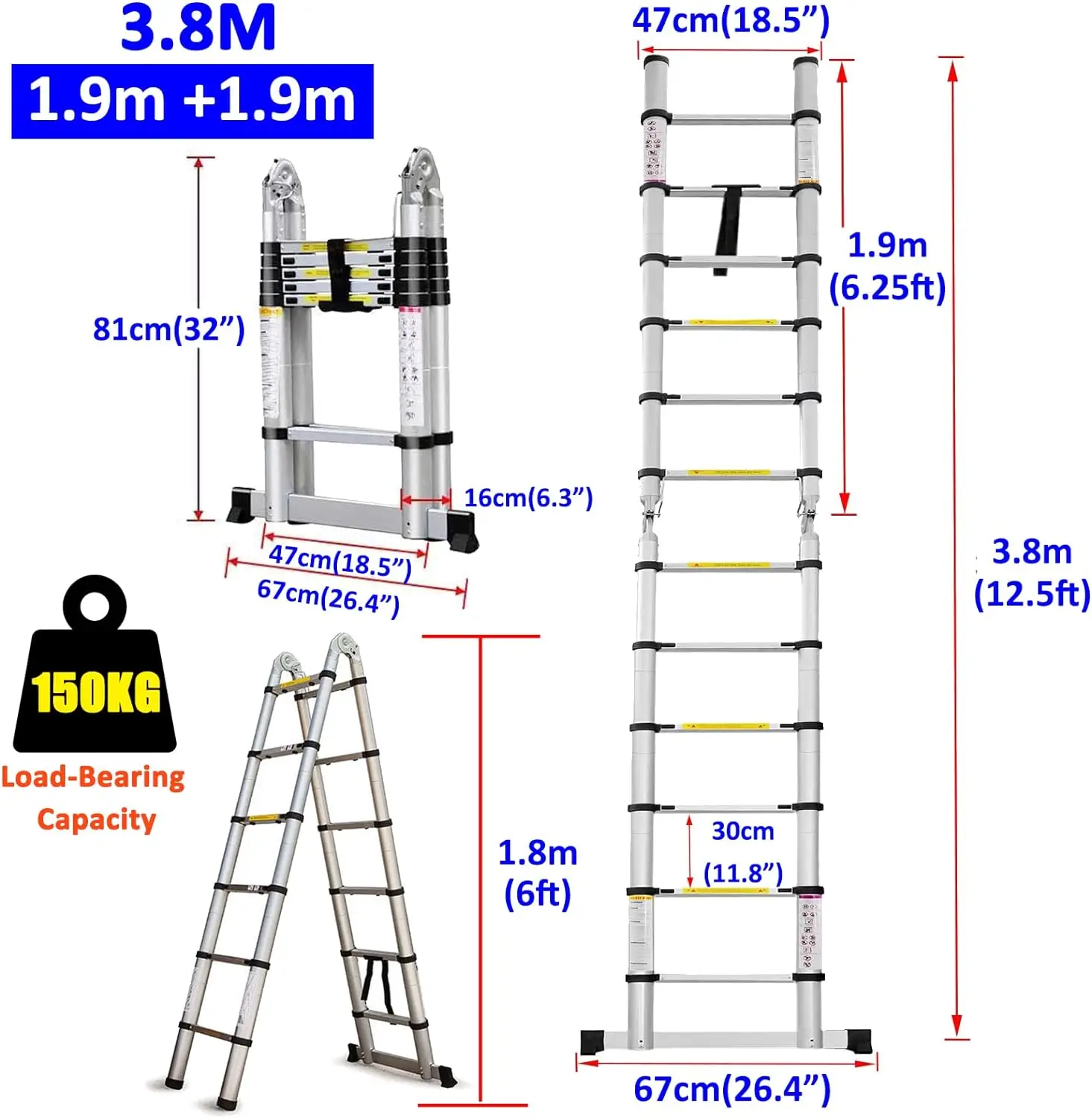 Ladder A Frame Telescopic Ladder 3.8m Aluminum Telescoping Extension Ladder Multi-Purpose with Stabilizer Bar for Home, EN131