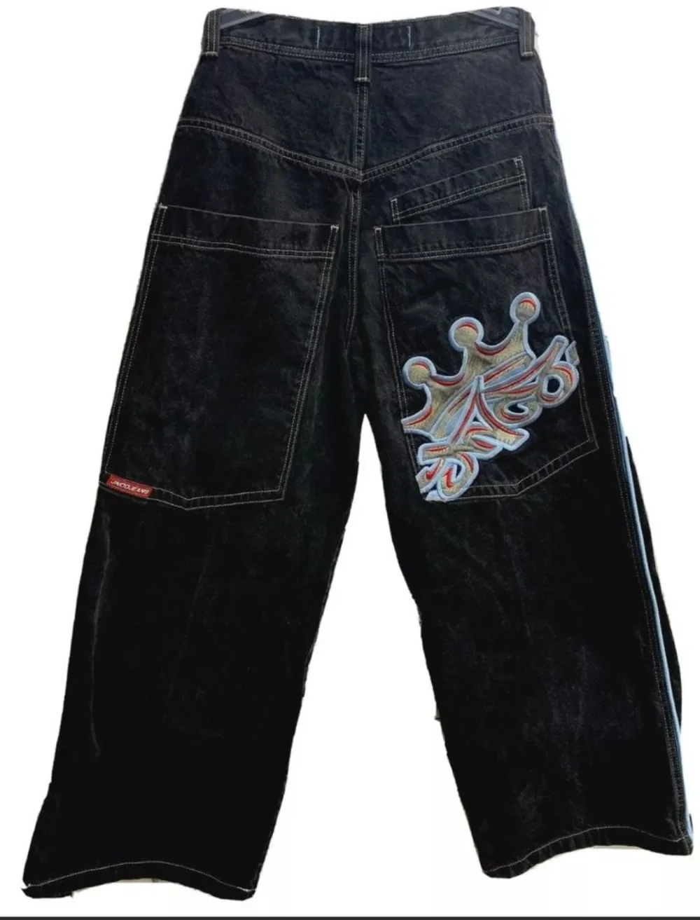 HipHop JNCO Crown Graphic Embroidery JNCO Jeans Harajuku Retro Black Baggy Jeans Pants Goth High Waist Wide Trouser Streetwear