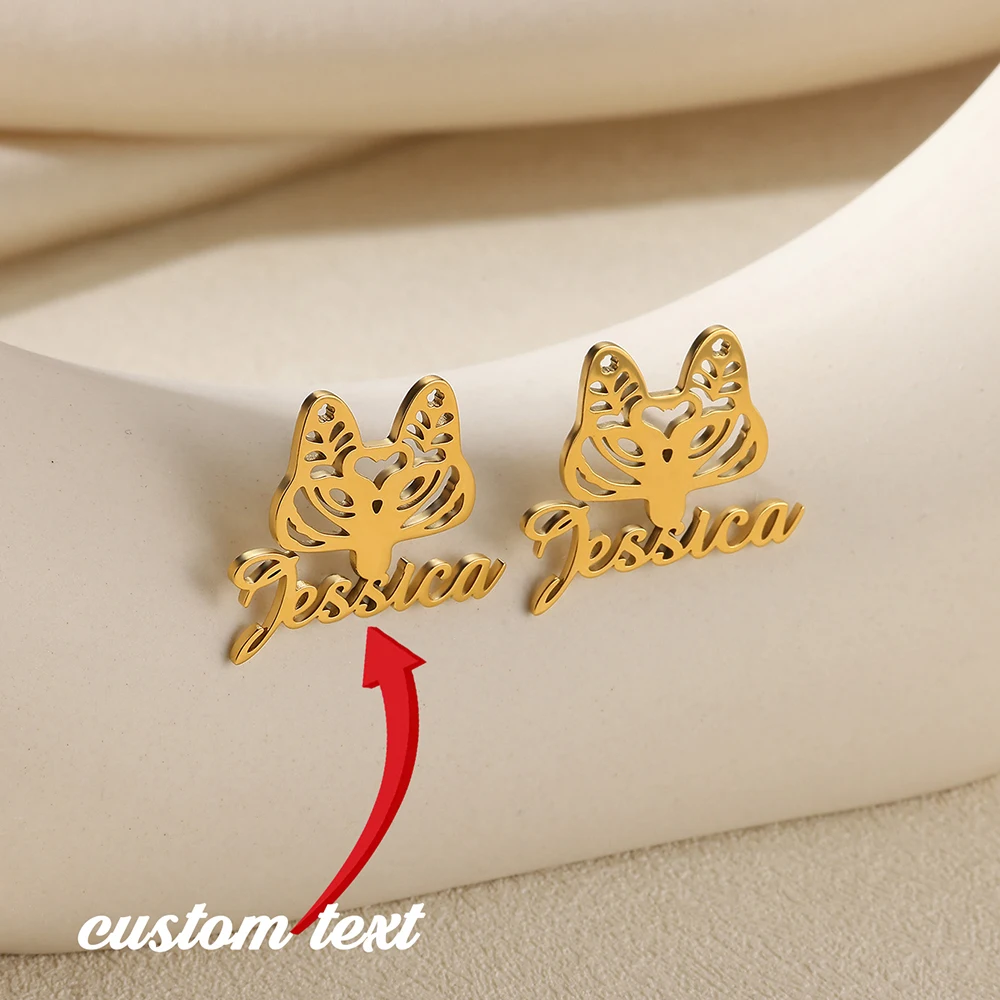 

Stainless Steel Fox Face Custom Name Stud Earrings For Women Minimalist Trendy Personalized Animal Jewelry Accessories Gifts