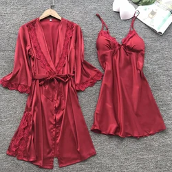 2PCS Leepwear Female Pajamas Set Satin Home Pyjamamas Lace Robe Sleep Suit V-Neck Wedding Nightwear Wear Nighty&Rob