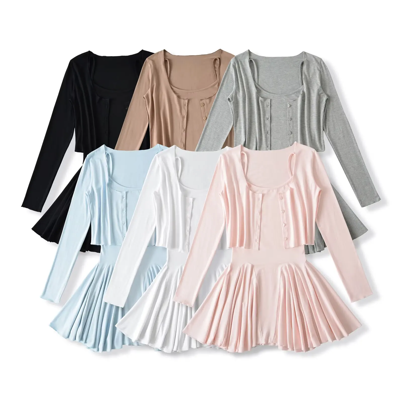 Ypff-vestido Sexy de tirantes para mujer, conjunto de dos piezas de manga larga adelgazante, conjunto de cárdigan de moda para uso informal