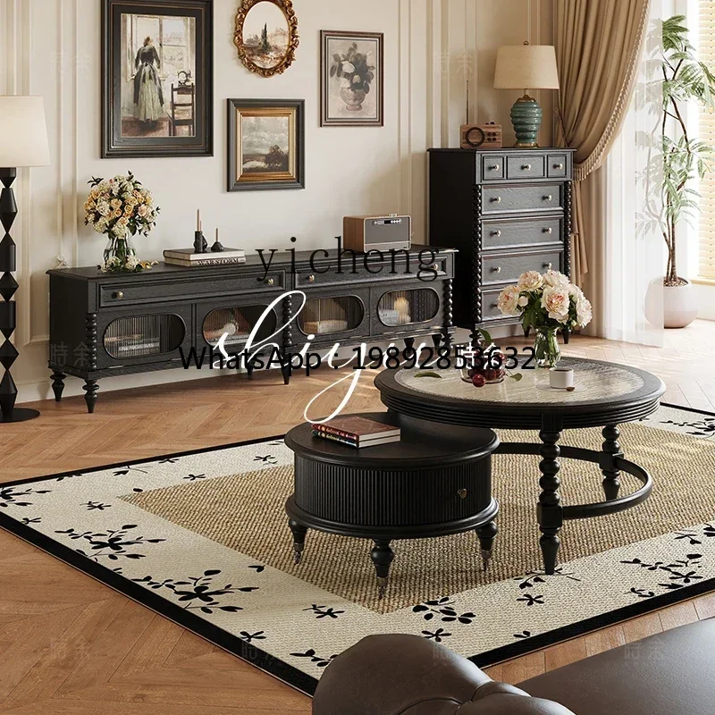 ACC    coffee table French retro solid wood round tea table small apartment low table living room ancient style