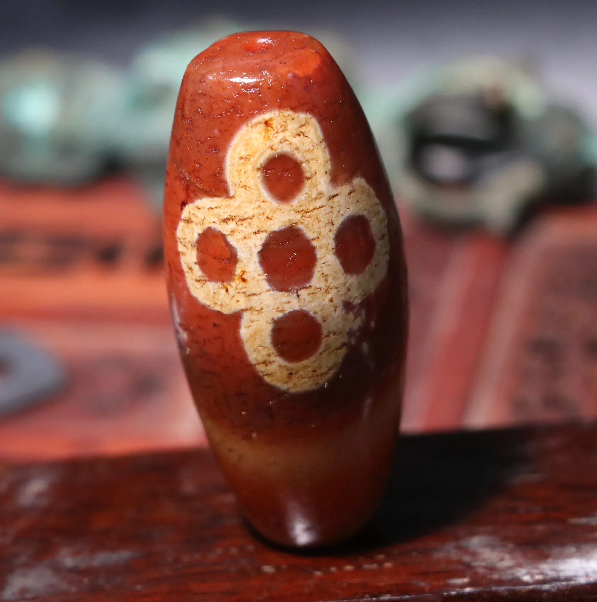 

LKbrother Talisman Treasure Energy Tibetan Old Agate Red Color 5 Eyed Lightening Large Drum dZi Bead 54*24MM