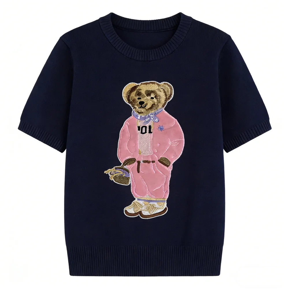 เสื้อสเวตเตอร์ถักไหมพรมผู้หญิงสไตล์เกาหลีลายการ์ตูนปักแขนสั้นเนื้อบางเบาใส่สบายสำหรับฤดูร้อน