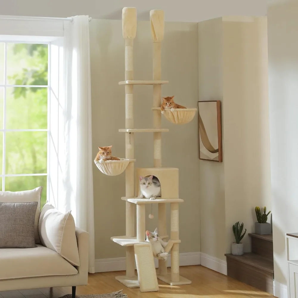 

Road Tall Cat Tree, Floor to Ceiling Cat Tower with Adjustable Height (85-112 Inches), 7 Tiers Climbing Tower with Cozy Hamm