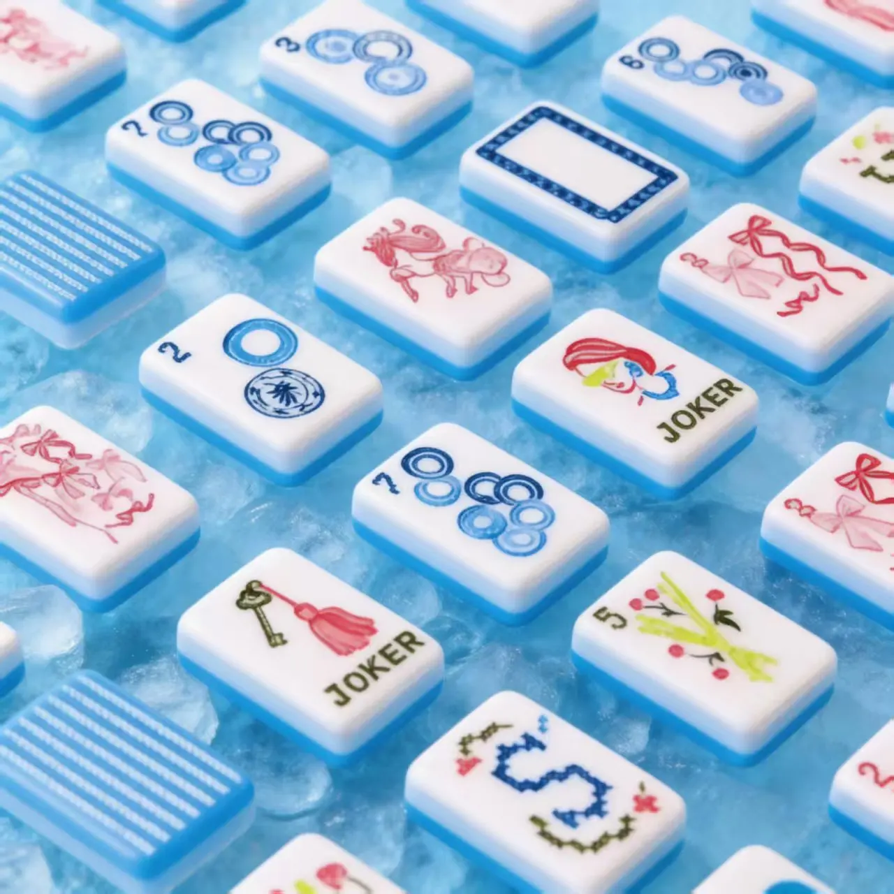 Luxury Blue Thin-striped Bow 3-Layer Acrylic Melamine Mahjong Tiles, 160 Pieces, Foldable Durable Water-Resistant Set