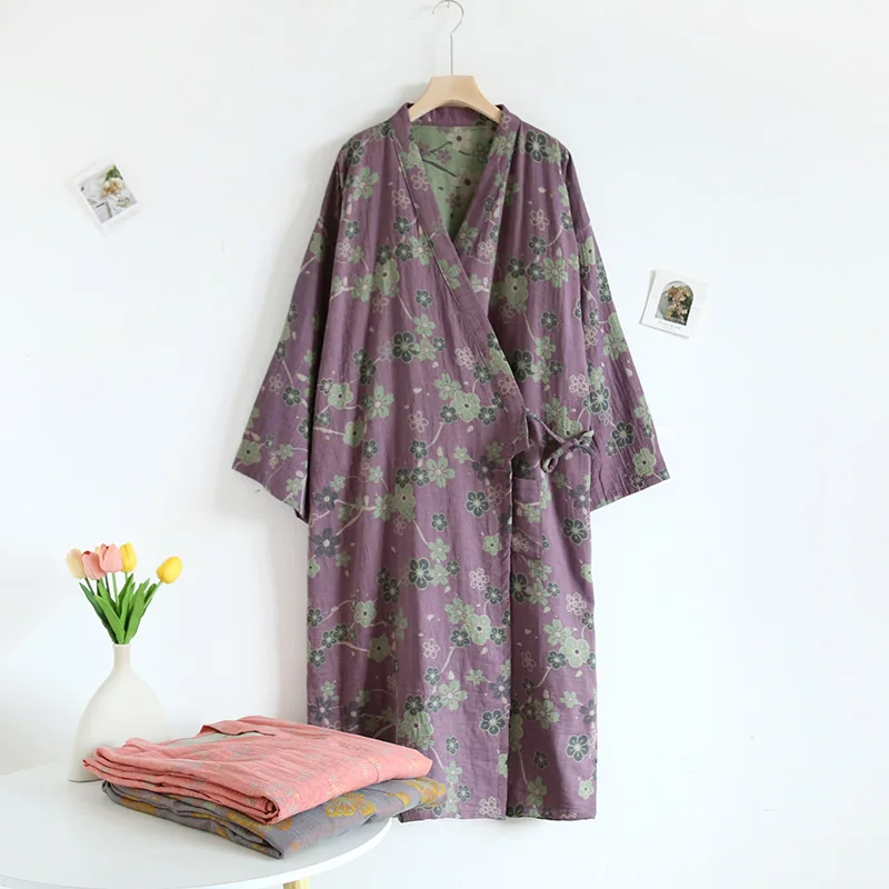 2024 Spring Autumn Women\'s 100% Cotton Double Sided Jacquard Kimono Robes Women Nightgowns Loose Size Comfortable Home Bathrobe