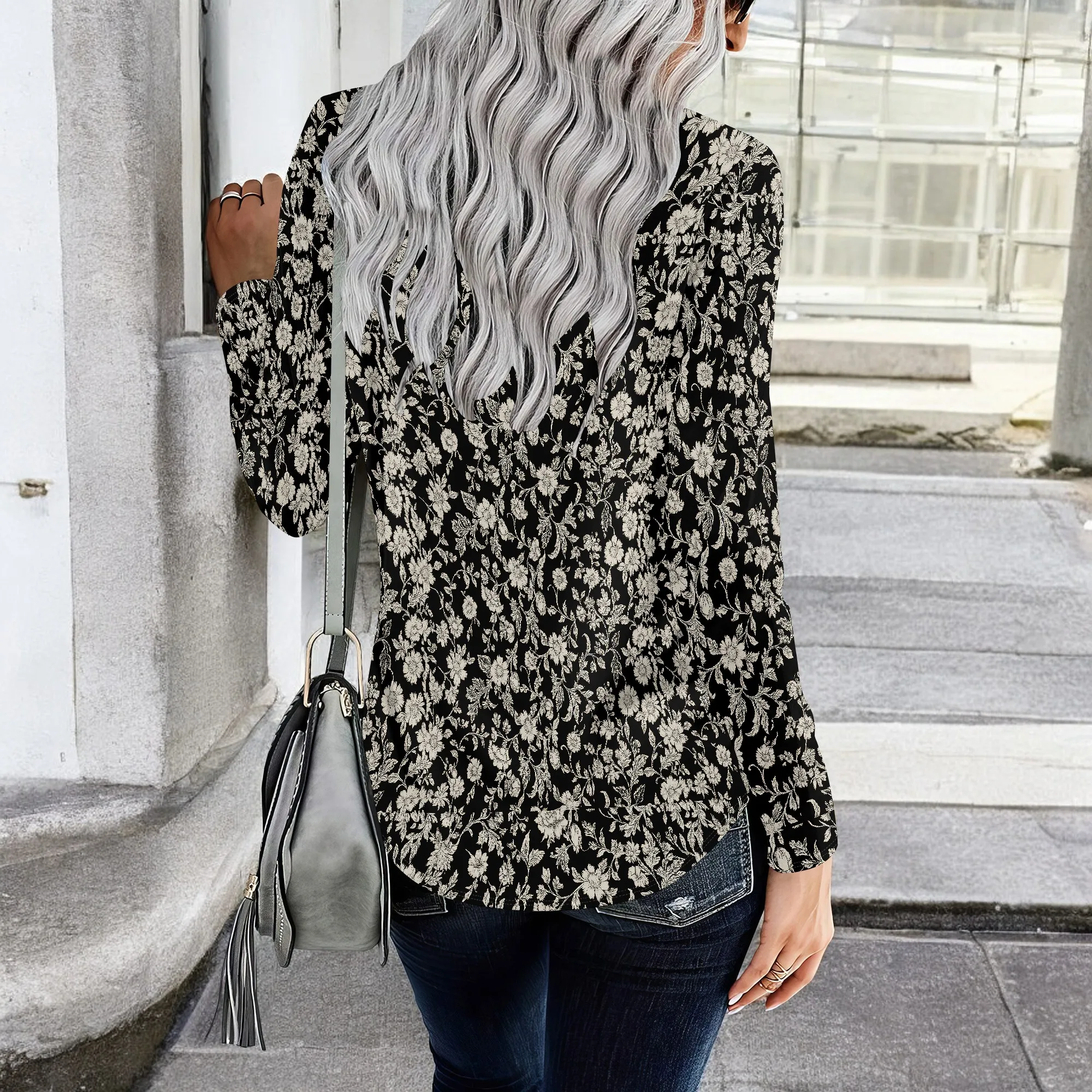 Top a tunica a maniche lunghe a sbuffo da donna Camicette girocollo pieghettate Camicie eleganti casual larghe invernali e primaverili