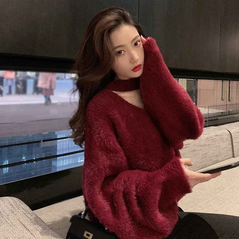 Halterneck Elegant Women Sweater Loose Fit Autumn And Winter Artificial Mink Wool Knit V-neck Korean Verison Gentle Pullover Top