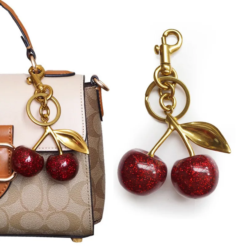 Cherry Keychains Bag Charm Red Pink Crystal Fruit Pendant Key Ring for Women Girl Key Accessories Gift
