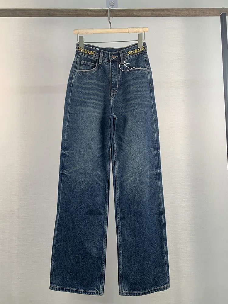 2024 Spring/Summer New High Waist Slimming Versatile Chain Straight Leg Denim Pants for Women