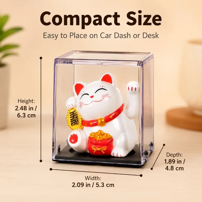 Solar Lucky Cat Car Dashboard Ornament, Maneki Neko Waving Arm with Clear Dust Cover, Compact Desk Decor Gift for Home Office