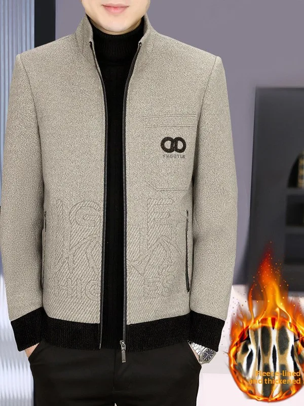 

Warm Fce Lined Stand Collar Cotton Woolen Jaet Men's Casual Winter Coat Faionable Urban Sle Zipper Closure ort Coat