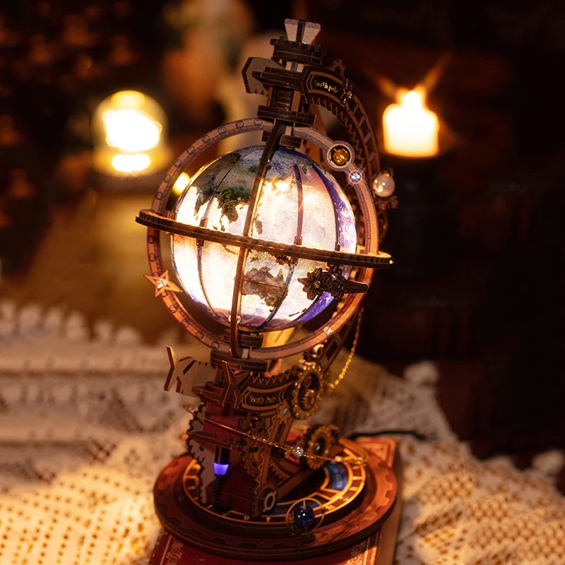 DIY 3D Wooden Metal Puzzle Miniature Model Building Kits Globe Night Light Assembly Jigsaw Puzzles for Girls Birthday Gifts