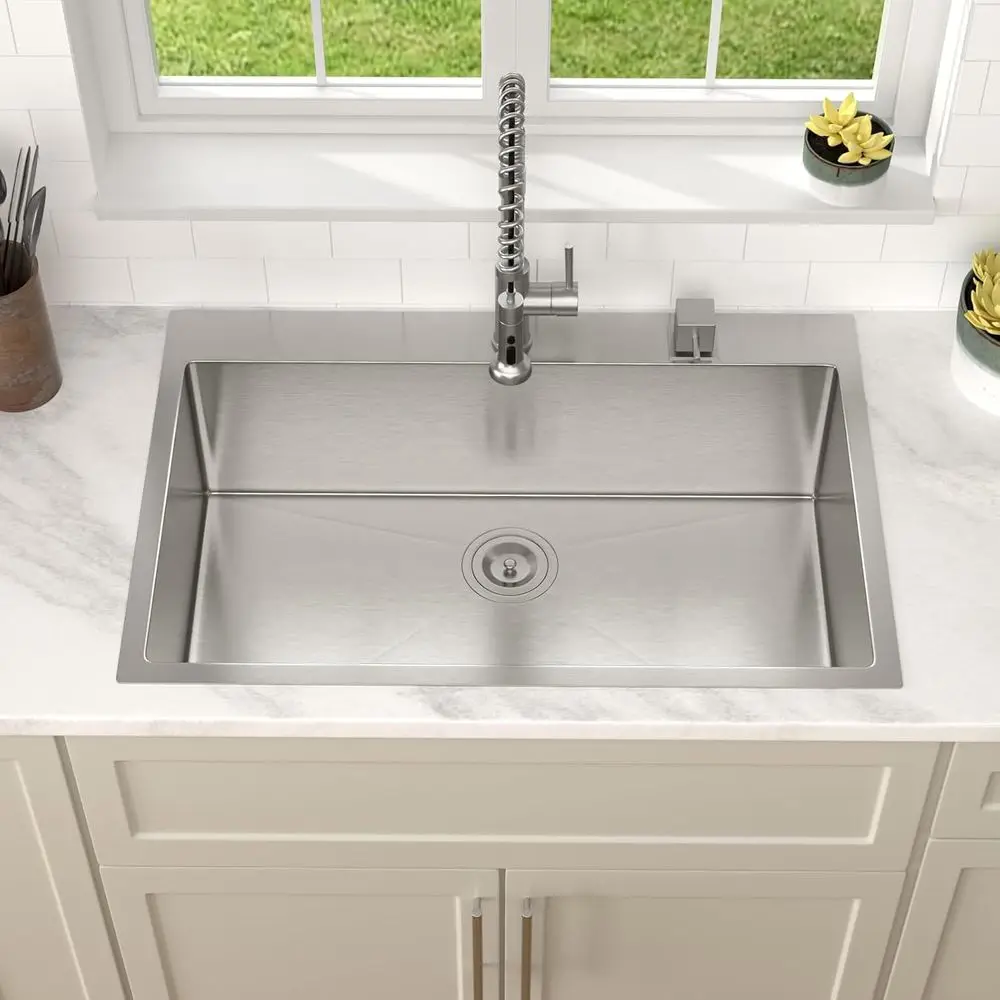 33x22 Drop In Kitchen Sink 16 gauge Stainless Steel Sink Topmount Single Bowl Above Counter Overmount Basin, Round 33x22x9