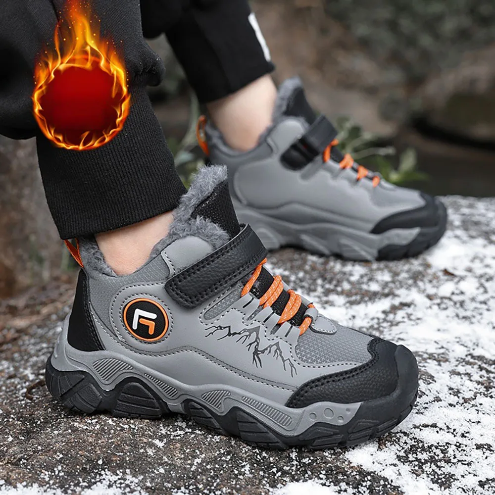 

Winter Sport Shoes For Children Thick Warm Teenager Boy's Sneakers Anti-slippery Waterproof Cotton Shoes Faux Fur Climbing Shoes