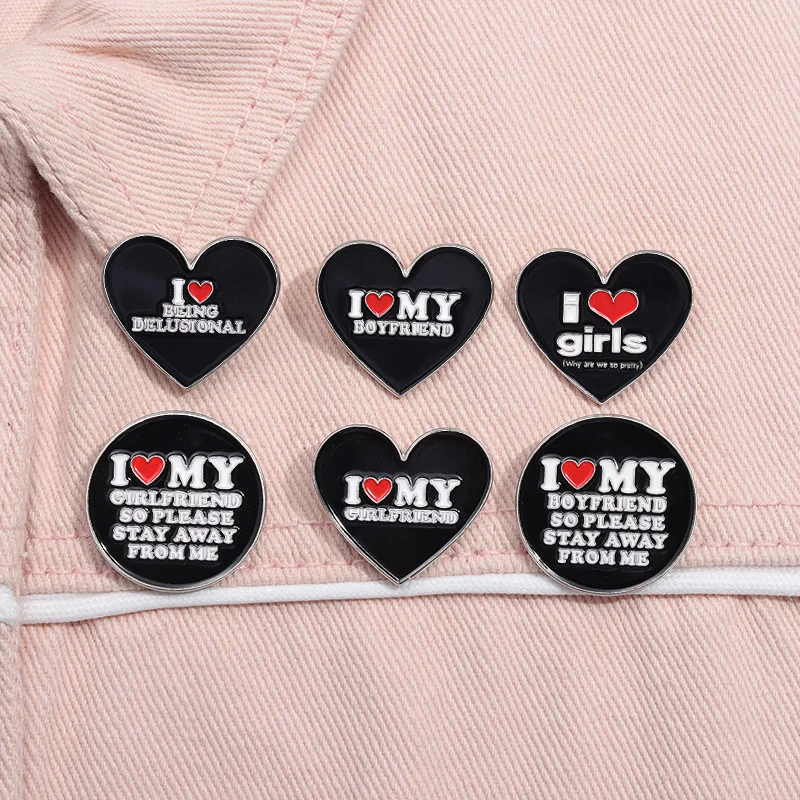 Black Heart Letters Enamel Brooch Creative I Love Lying I Love EMO Boys Metal Badge Punk Round Lapel Pins Jewelry Gifts For Kids