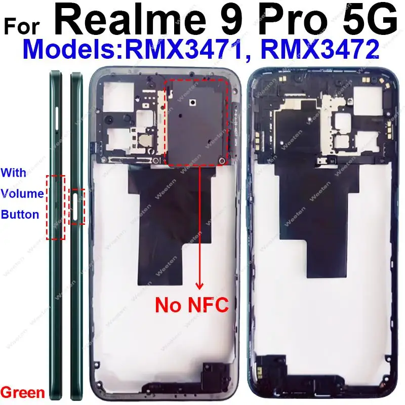 Middle Frame For Realme 9 Pro RMX3471 RMX3472 Back Cover Battery Door Housing Bezel with Side Button with Graphite Paper Parts