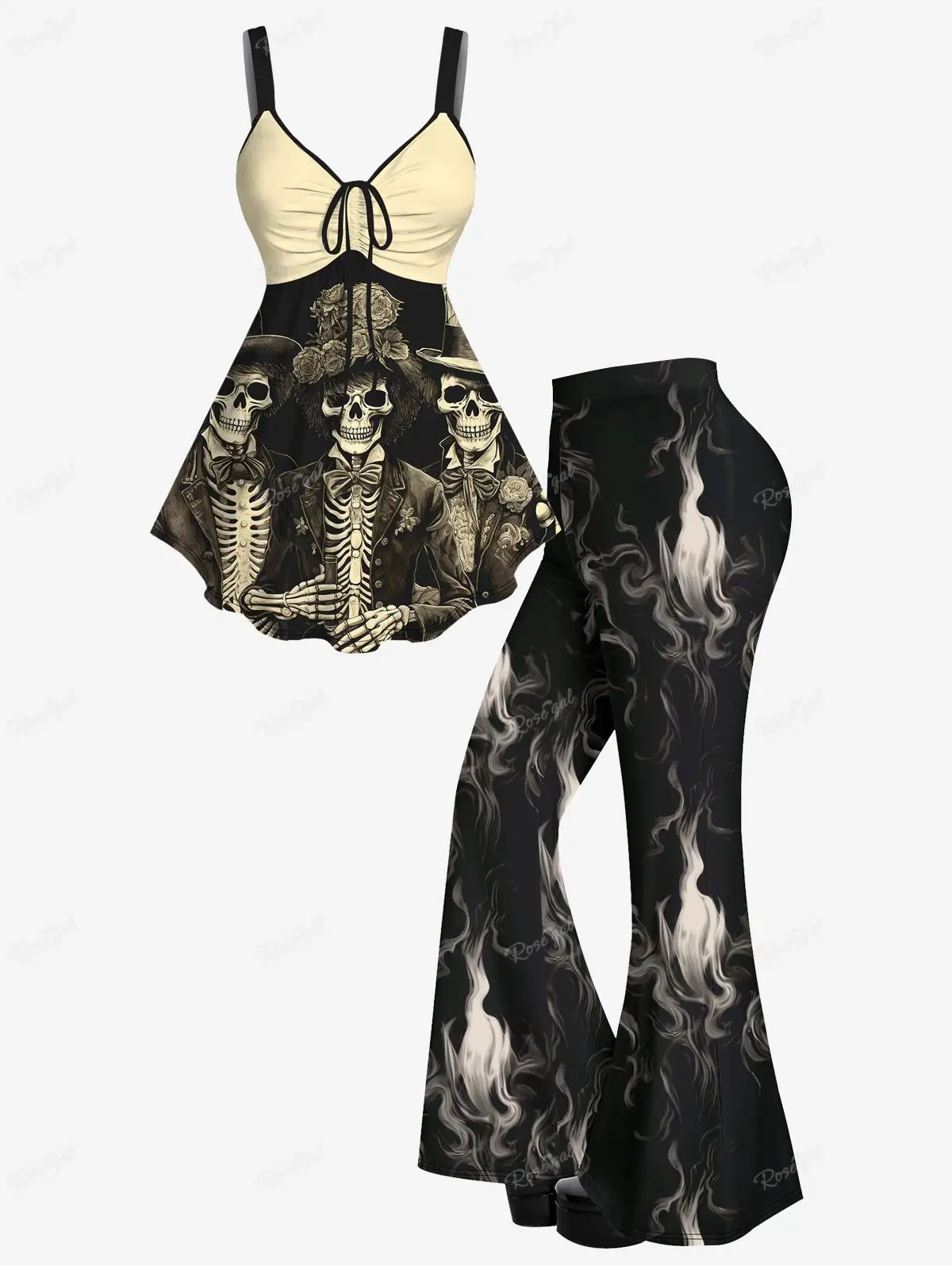 Gothic Printed Halloween Flare Pants Or T-shirt Or Tank Top Skeleton Floral Hat Music Symbol Guitar Colorful Colorblock