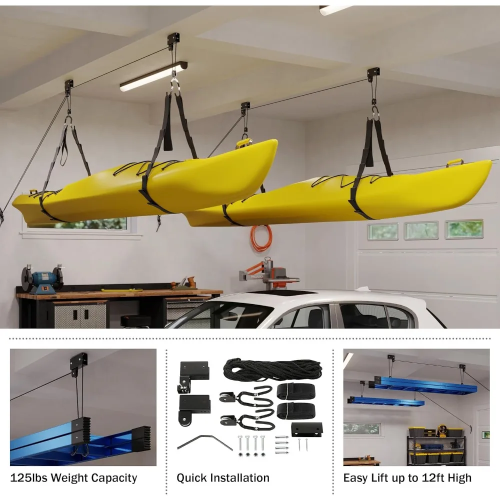 Kayak Hoist 2-Pack Quality Garage Storage Canoe Lift with 125 lb Capacity Even Works as Ladder Lift Premium Quality Pulley