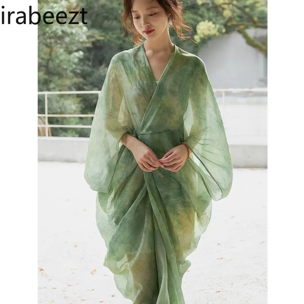 

2024 Summer New Tie-dye Effect Green Print Commuter Long Chinese-style Gown Woman Regulai Fit Vestidos Retro Summer Dress