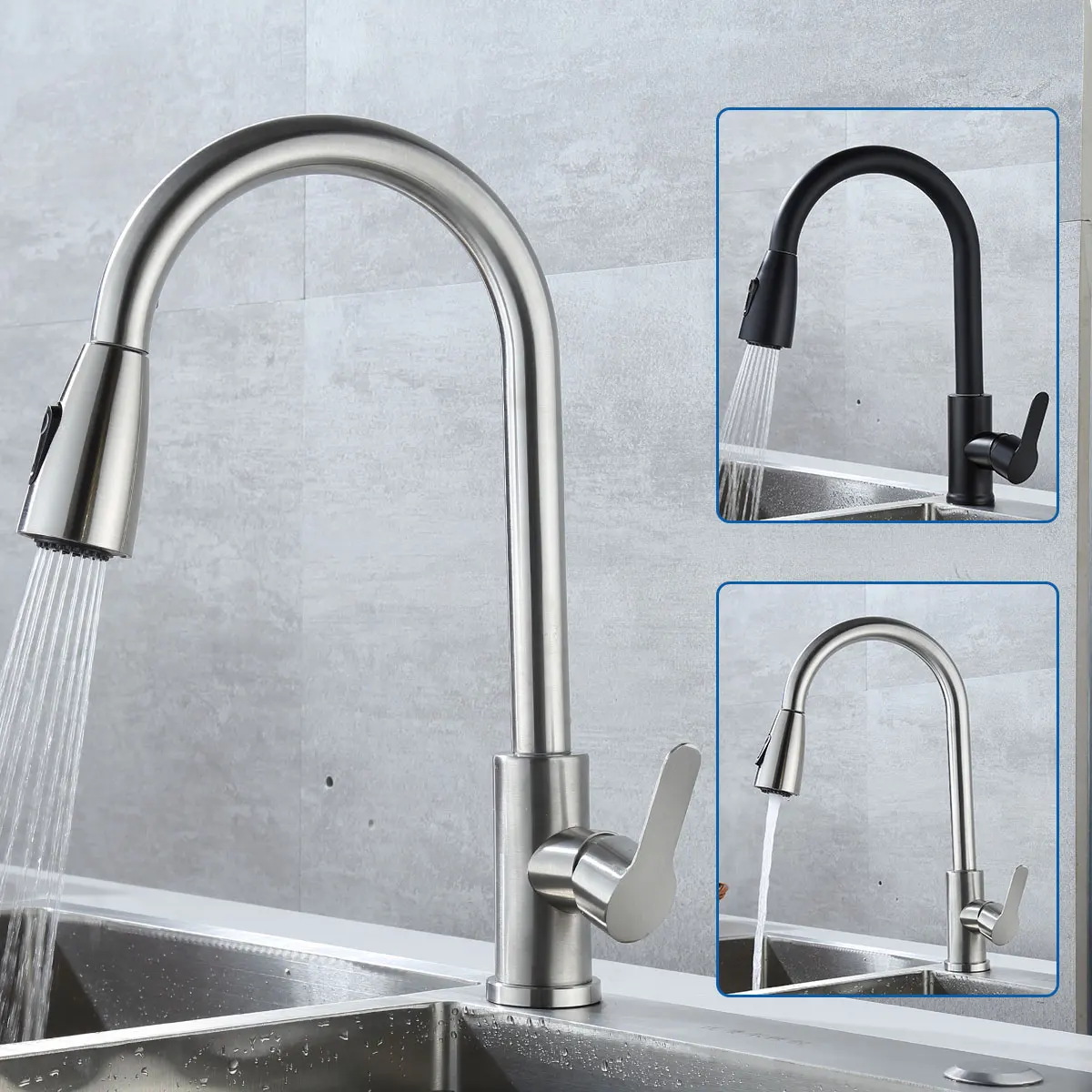 

Kitchen Faucet Single Hole Pull Out Spout Kitchen Sink Mixer Tap 2 Function Stream Sprayer Head Chrome/Black Mixer Tap